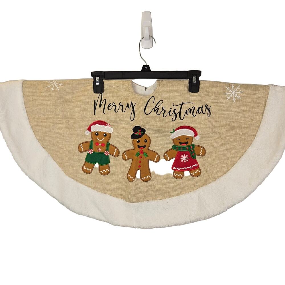 Merry Christmas Gingerbread Men 15" Tree Skirt Burlap Faux Fur Embroidered Tan